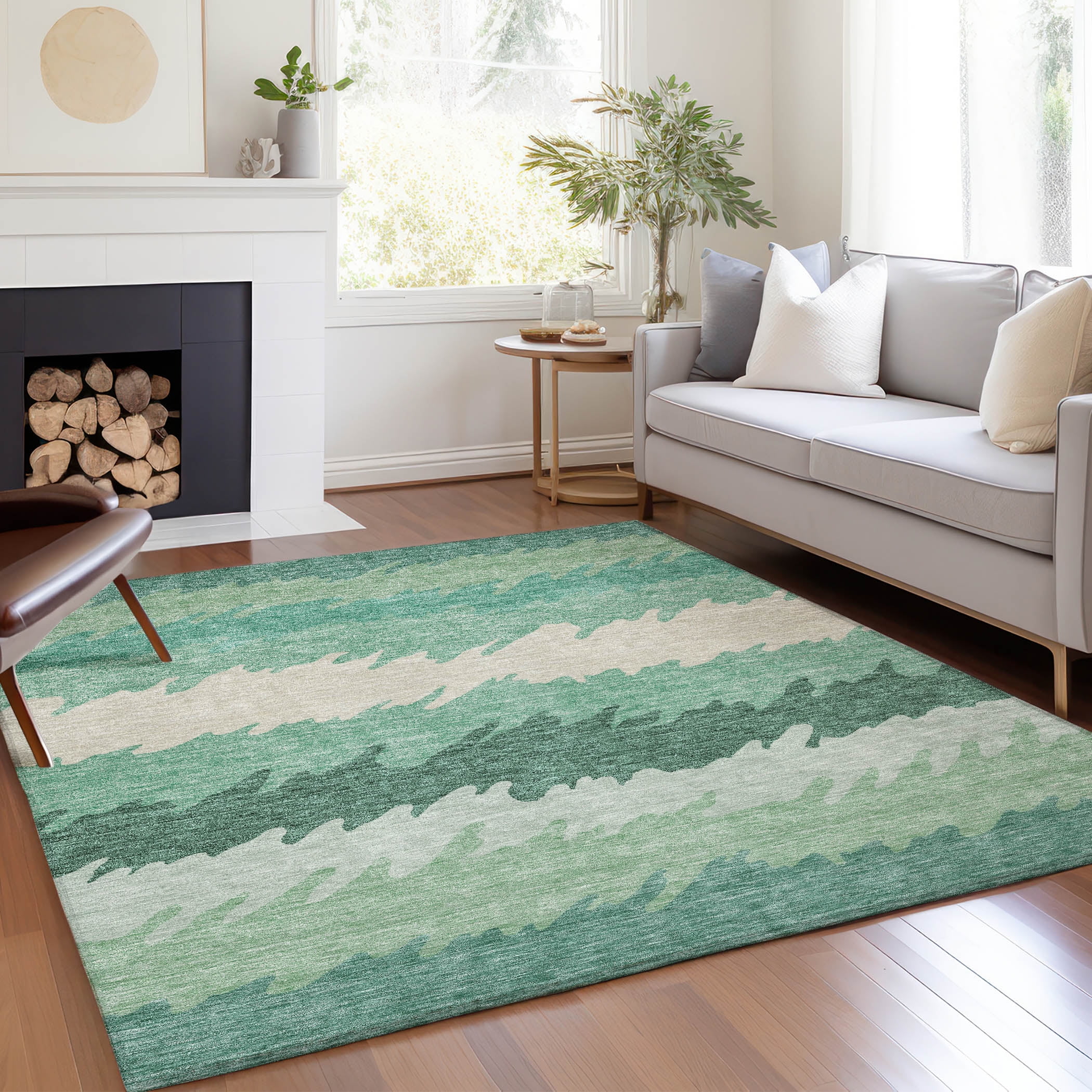 Sage and Off-White Striped Synthetic Indoor/Outdoor Rug