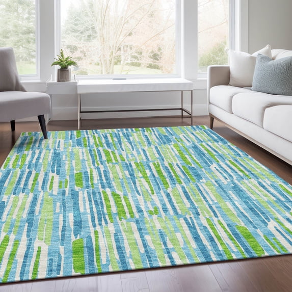 Addison Rugs Chantille Indoor/Outdoor Transitional Lines Aqua Washable Rectangle Rug, 5' x 7'6"