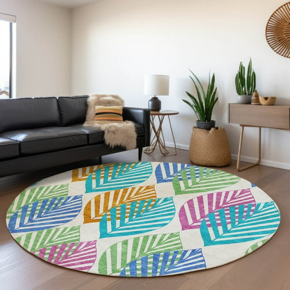 Addison Rugs Chantille Indoor/Outdoor Transitional Floral White Washable Round Rug, 8' x 8'