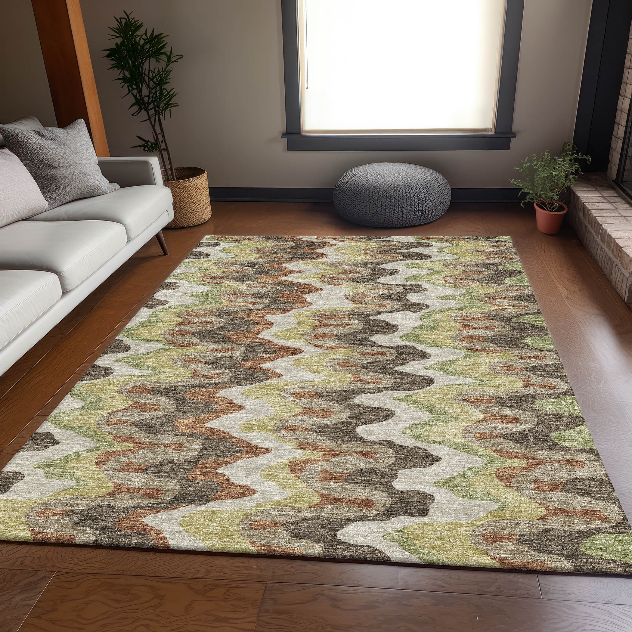 Chocolate and Green Abstract Wave Indoor/Outdoor Rug