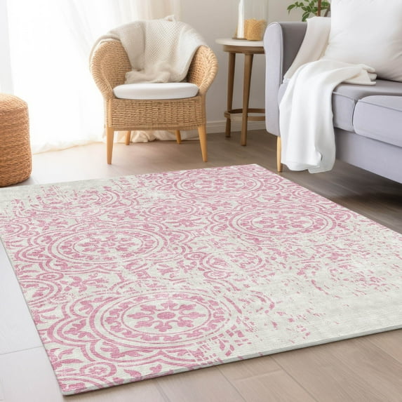 Addison Rugs Chantille Indoor/Outdoor Transitional Medallions Pink Washable Rectangle Rug, 3' x 5'