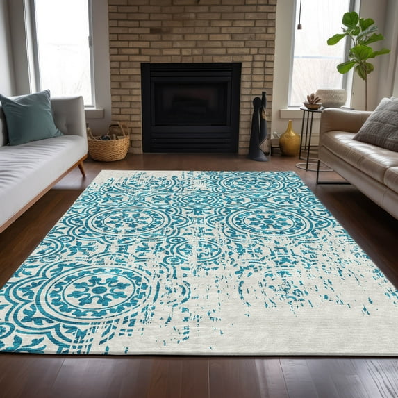 Addison Rugs Chantille Indoor/Outdoor Transitional Medallions Teal Washable Rectangle Rug, 8' x 10'