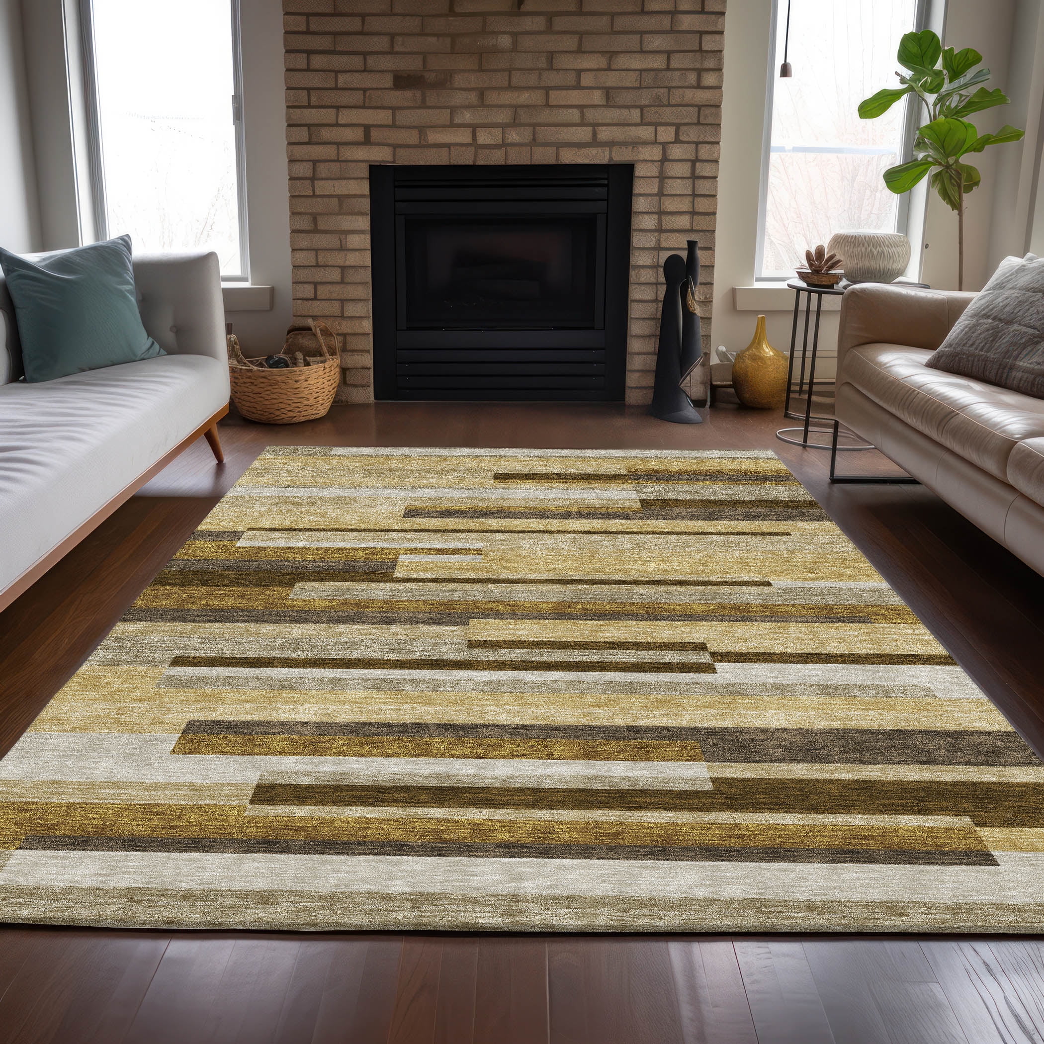 Khaki and Brown Striped Synthetic Indoor/Outdoor Rug 2'6" x 3'10"