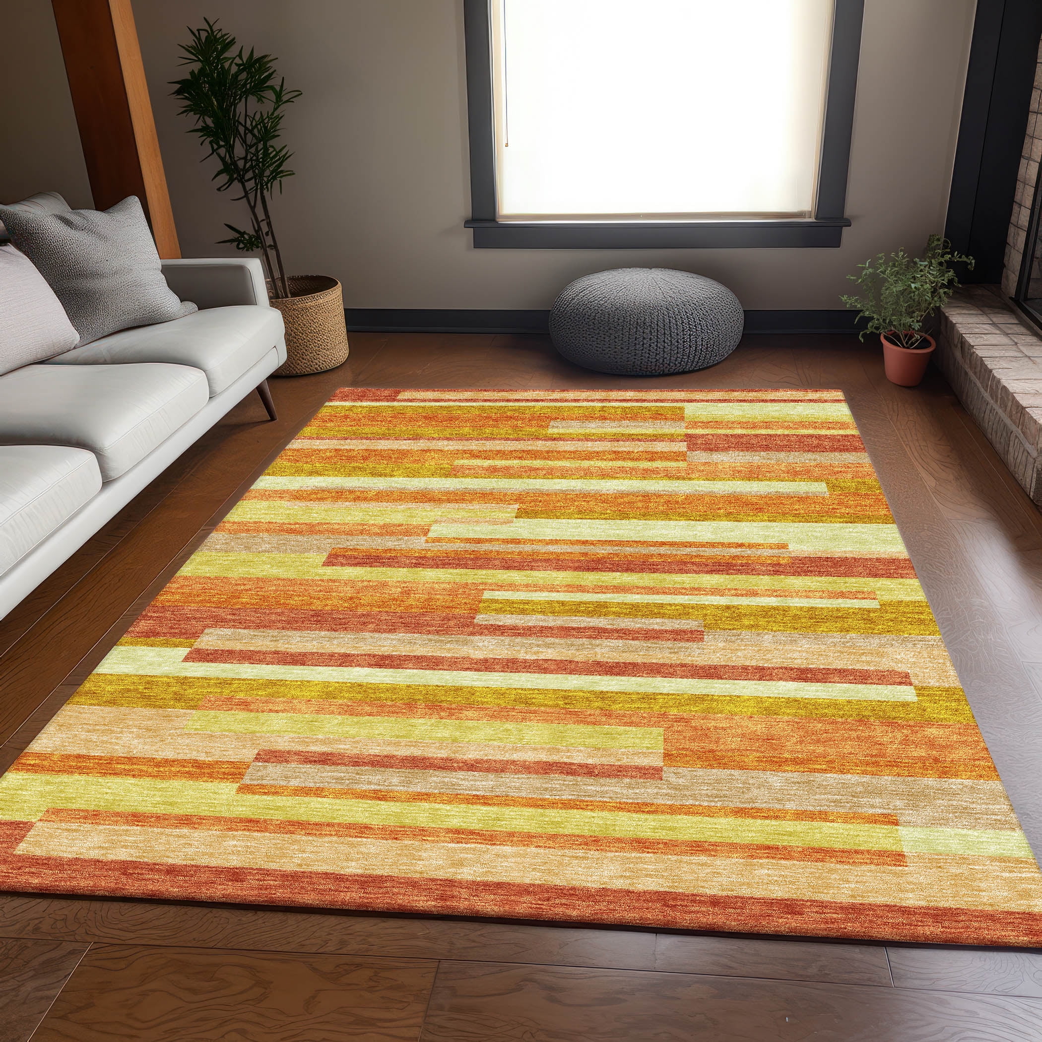 Orange and Yellow Striped Synthetic Indoor/Outdoor Rug