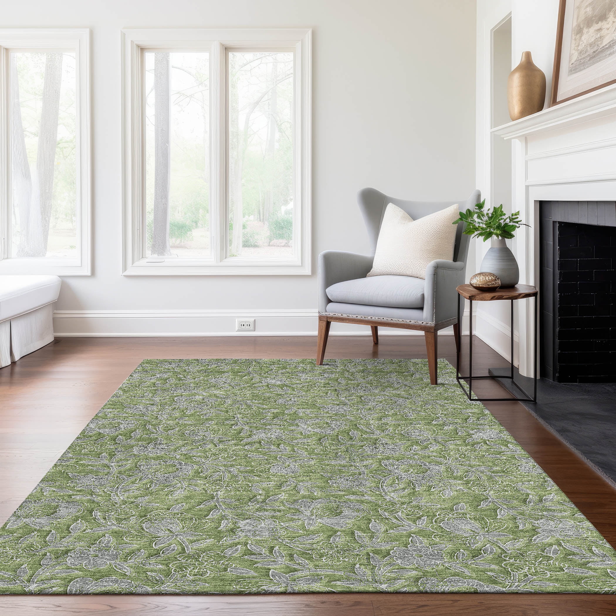 Olive Green Synthetic Floral Round Rug, 2'6" x 3'10"