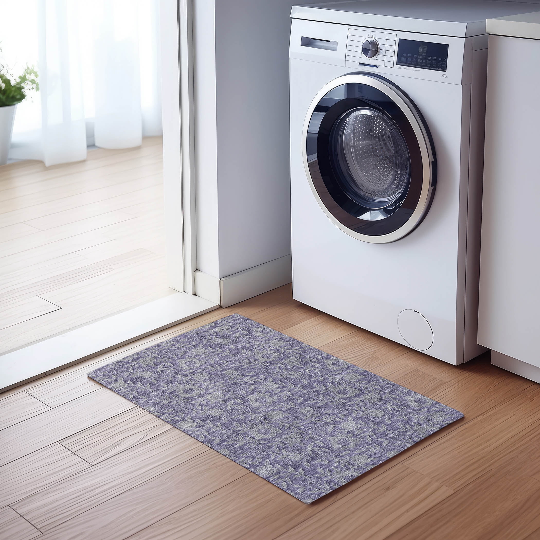 Eggplant Floral Synthetic Washable Rectangular Rug 1'8" x 2'6"