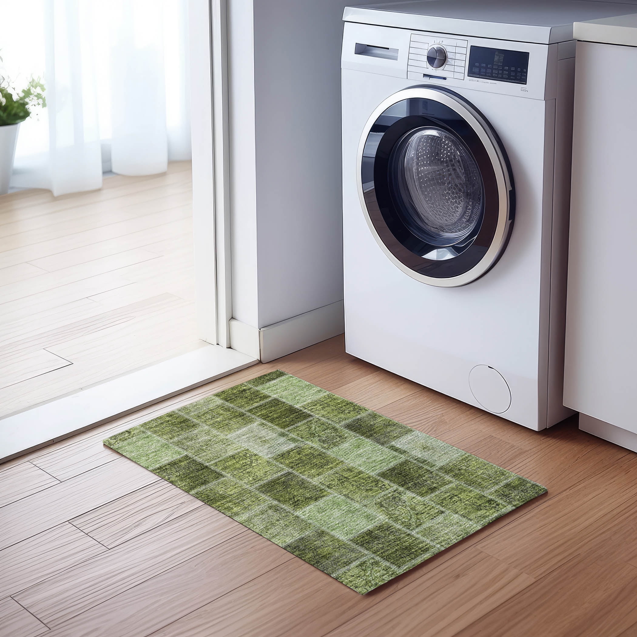 Olive Green Floral Synthetic Washable Rectangular Rug