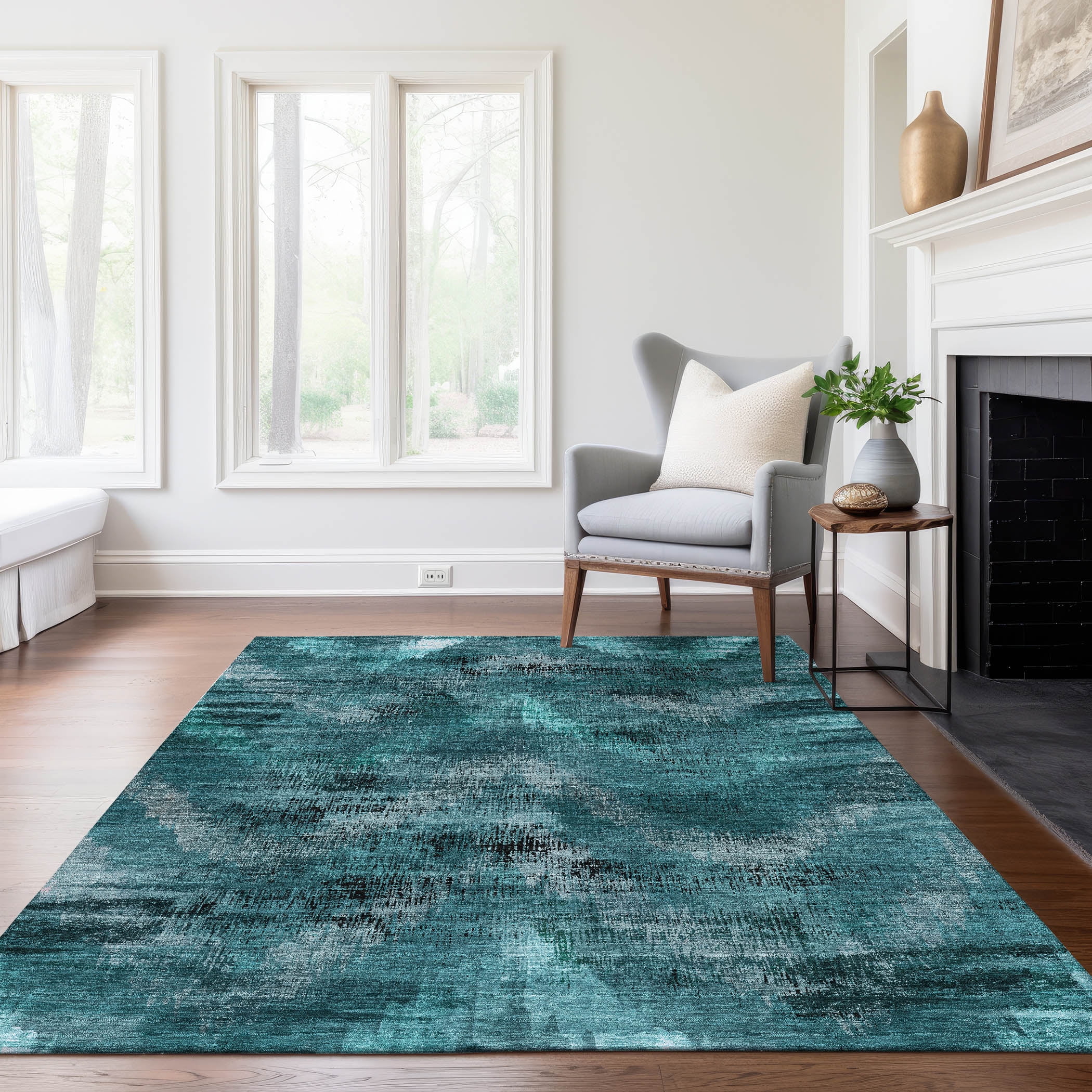 Teal Synthetic Flat Woven Rectangular Indoor/Outdoor Rug