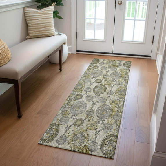 Addison Rugs Chantille Indoor/Outdoor Transitional Damask Khaki Washable Runner Rug, 2'3" x 7'6"