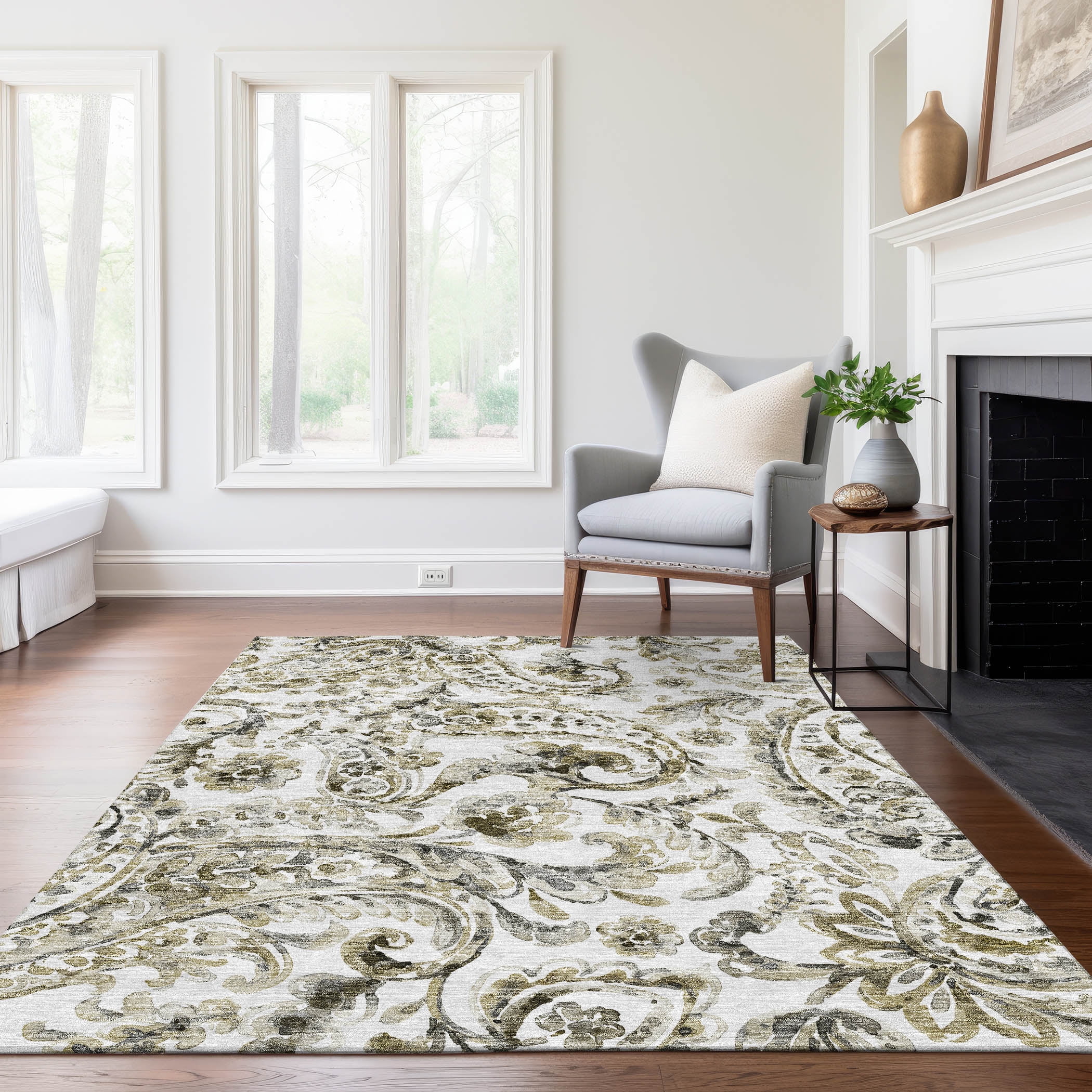 Brown Floral Synthetic 5' x 7' Washable Area Rug