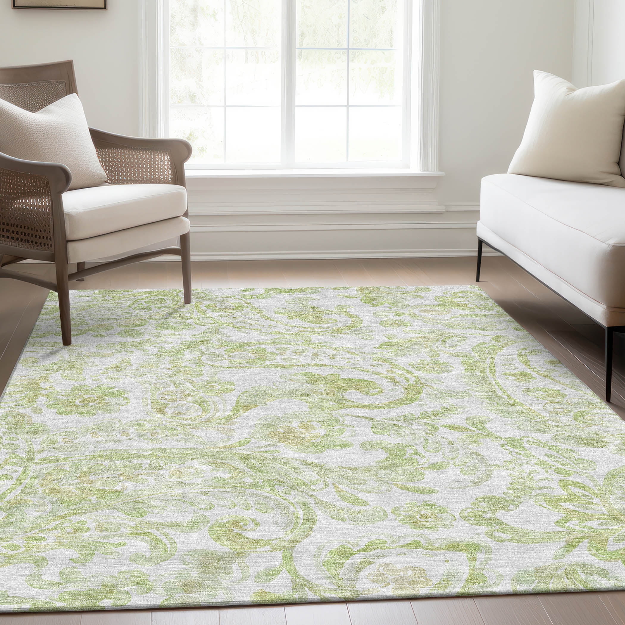 Sage Green Floral Rectangular Machine Washable Rug