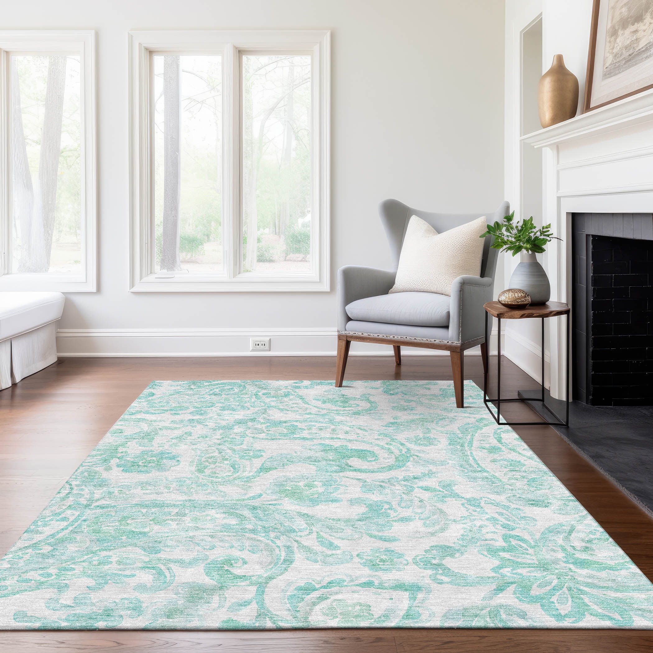 Turquoise Floral Flat Woven Indoor/Outdoor Rug 2'6" x 3'10"