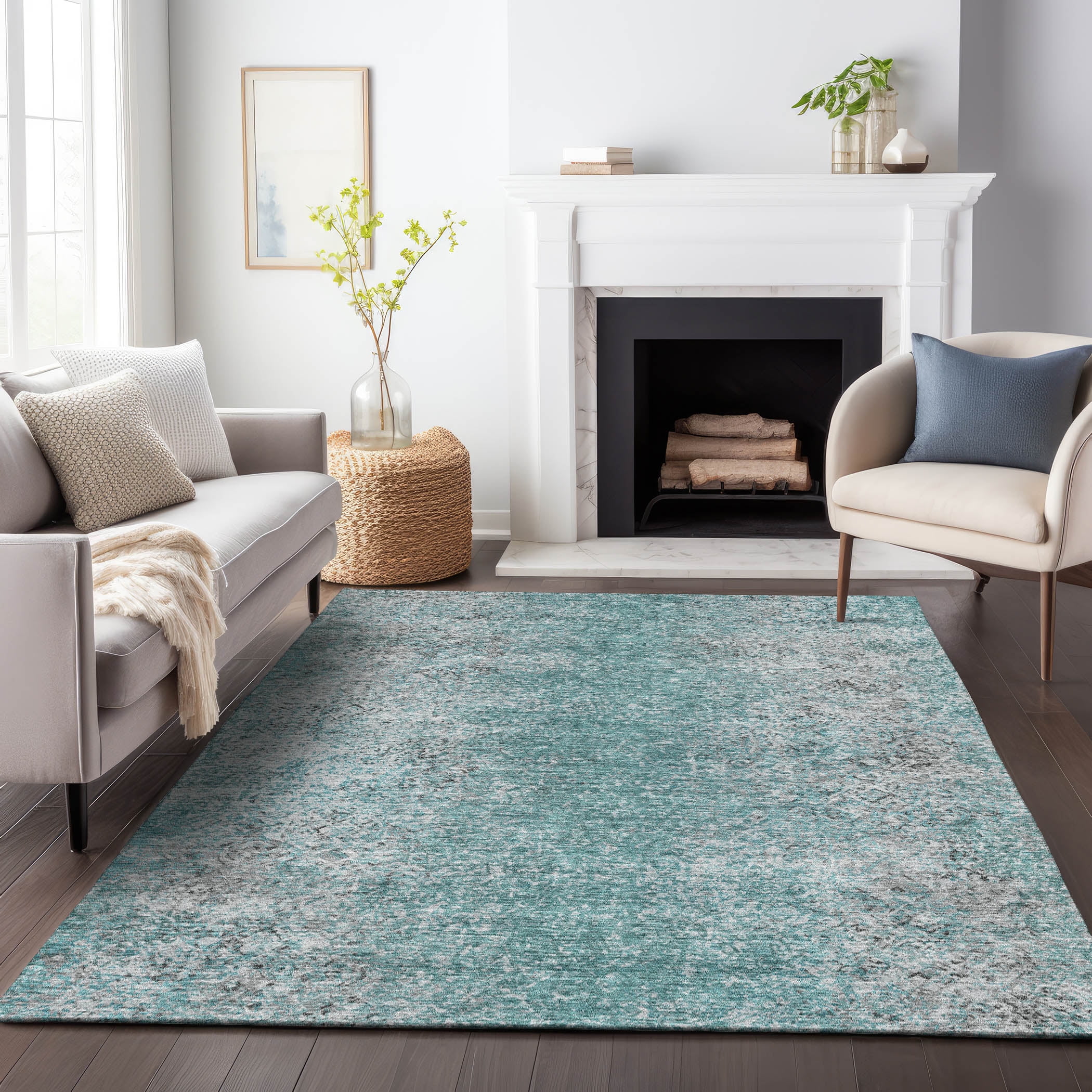 Teal Flat Woven Synthetic Indoor/Outdoor Rectangular Rug
