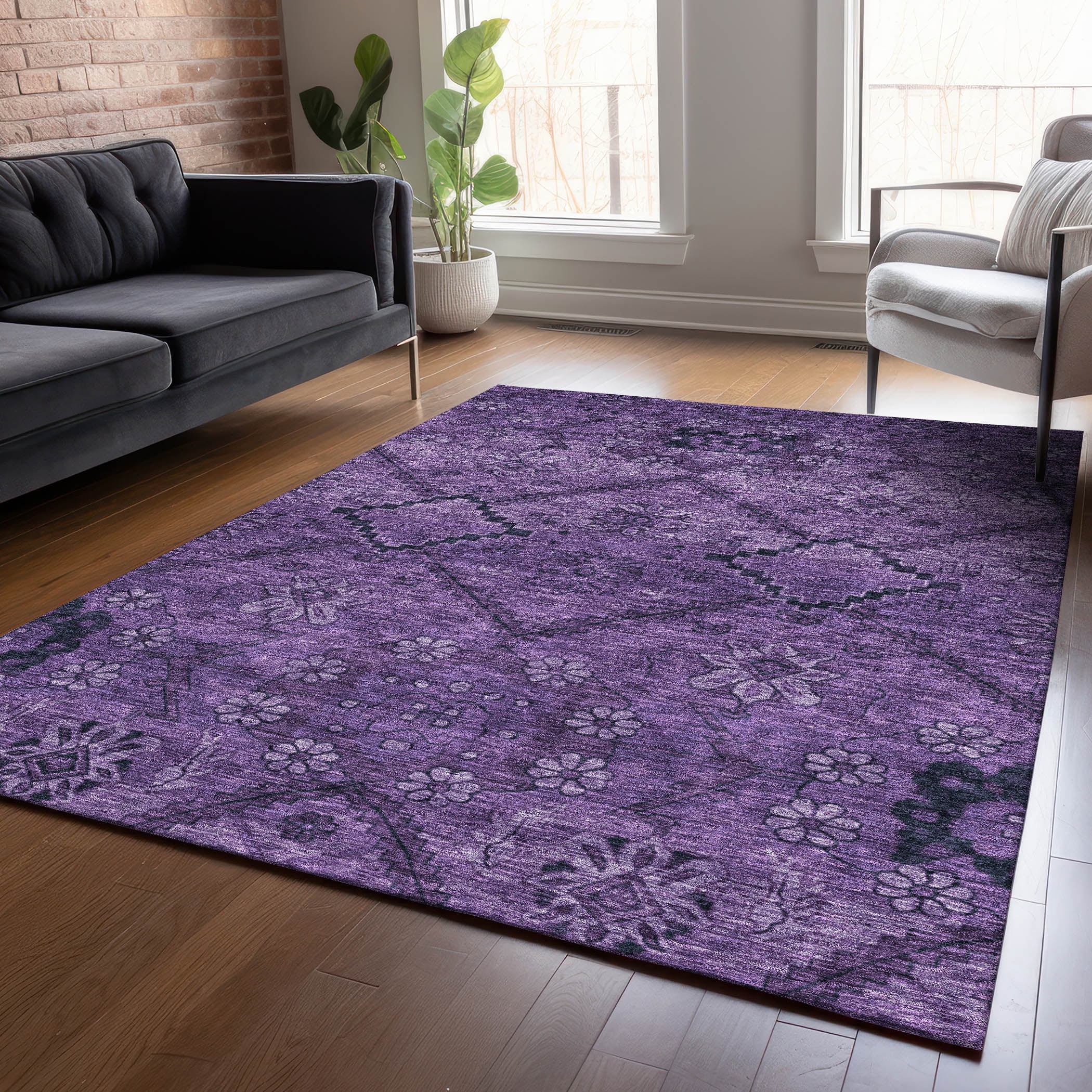 Eggplant Floral Synthetic Rectangular Indoor/Outdoor Rug