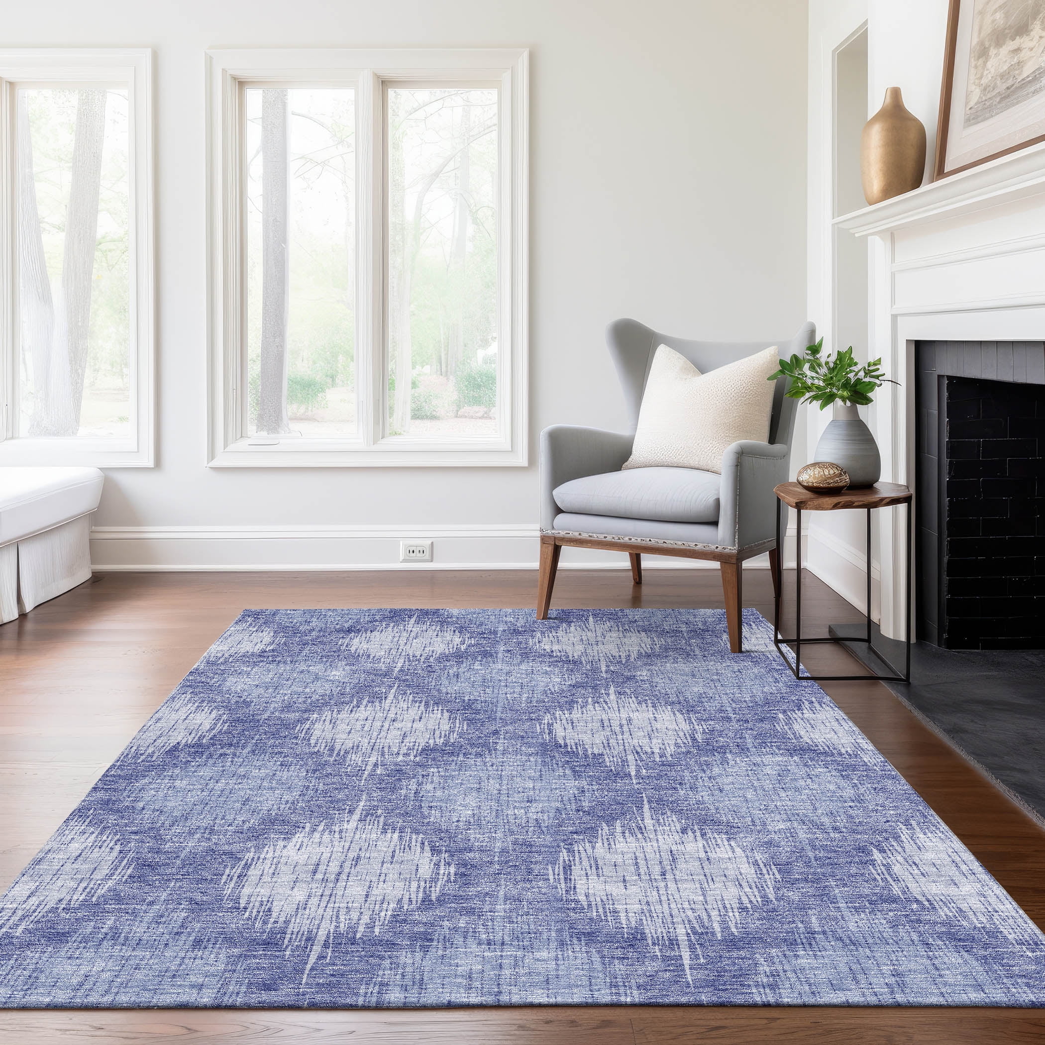 Denim Blue Rectangular Machine-Washable Indoor/Outdoor Rug