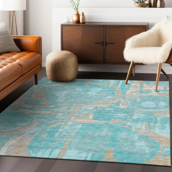 Addison Rugs Chantille Indoor/Outdoor Transitional Geometric Teal Washable Rectangle Rug, 5' x 7'6"