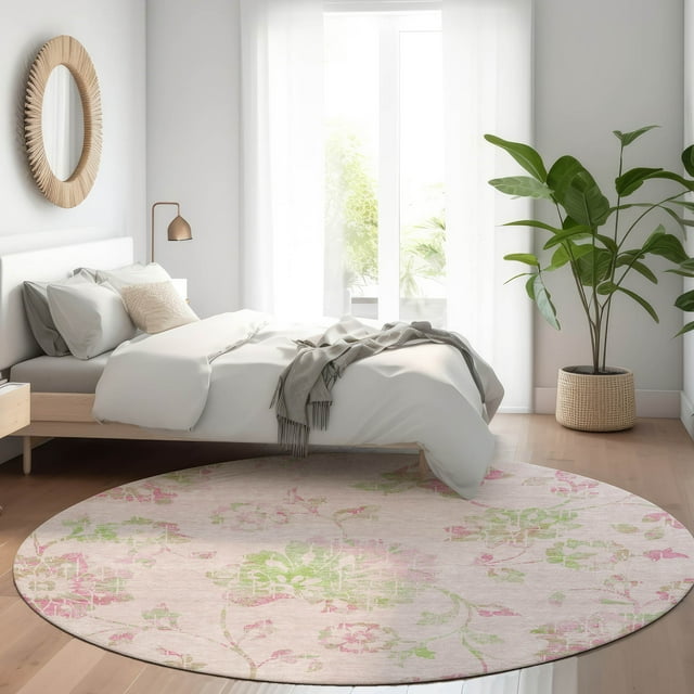 Addison Rugs Chantille Indoor/Outdoor Transitional Floral Pink Washable Round Rug, 8' x 8'