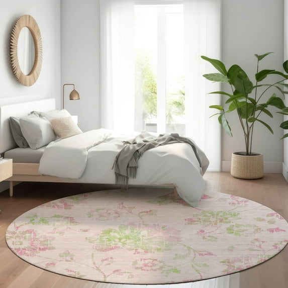 Addison Rugs Chantille Indoor/Outdoor Transitional Floral Pink Washable Round Rug, 8' x 8'