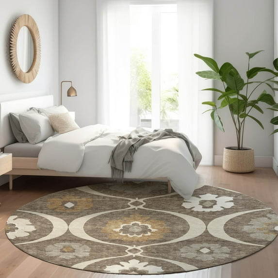 Addison Rugs Chantille Indoor/Outdoor Transitional Medallions Brown Washable Round Rug, 8' x 8'