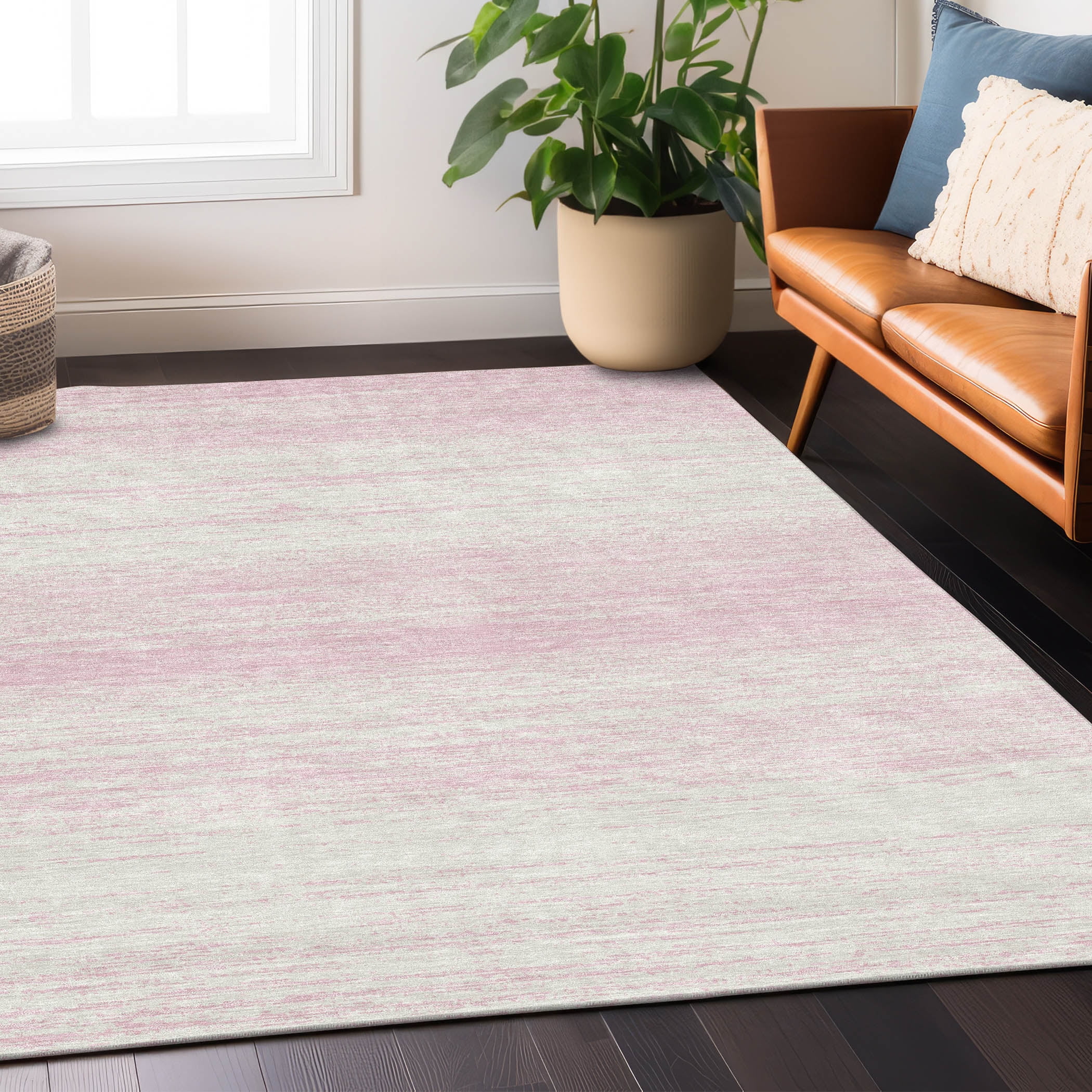 Pink and White Striped Synthetic Indoor/Outdoor Rug
