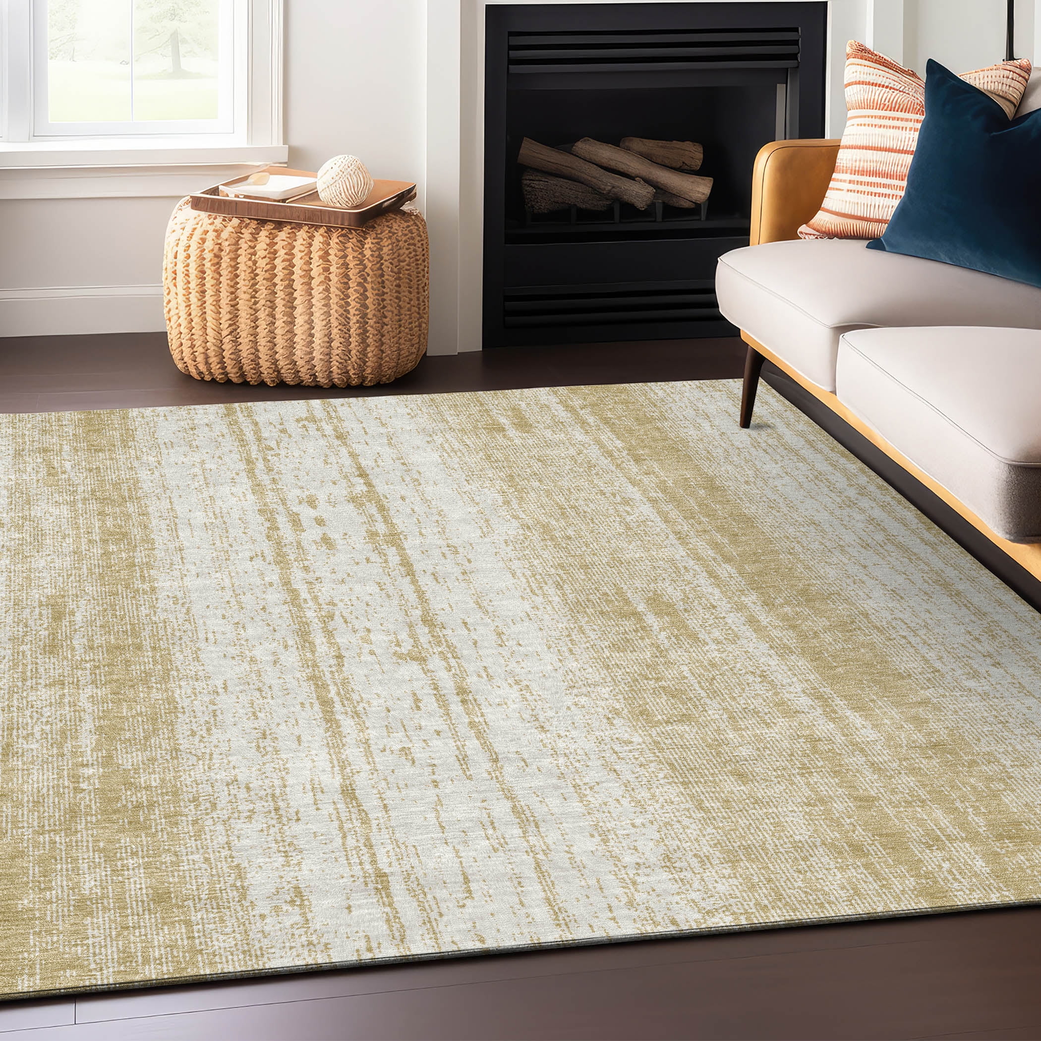 Gold and White Rectangular Machine Washable Indoor/Outdoor Rug