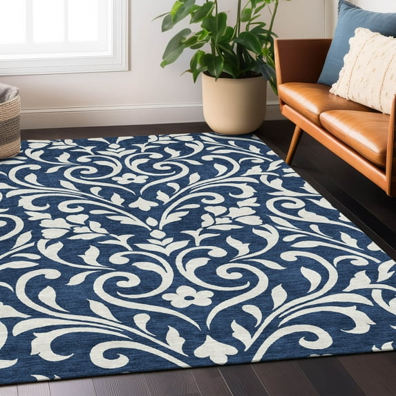 Addison Rugs Chantille Indoor/Outdoor Transitional Floral Navy Washable Rectangle Rug, 10' x 14'