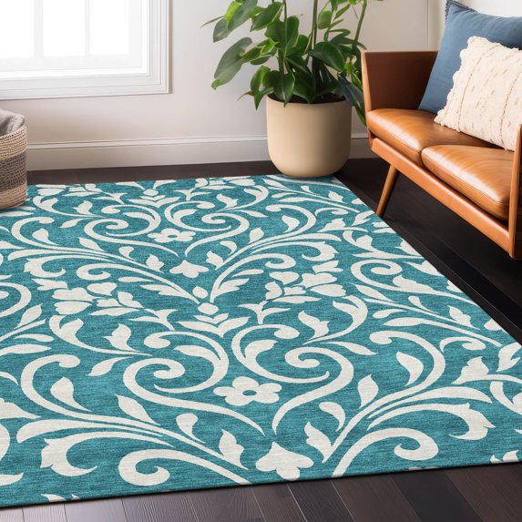 Addison Rugs Chantille Indoor/Outdoor Transitional Floral Teal Washable Rectangle Rug, 10' x 14'