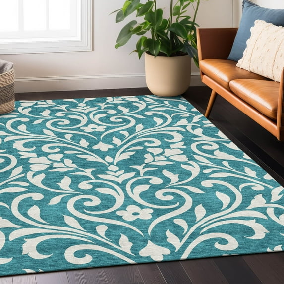 Addison Rugs Chantille Indoor/Outdoor Transitional Floral Teal Washable Rectangle Rug, 5' x 7'6"