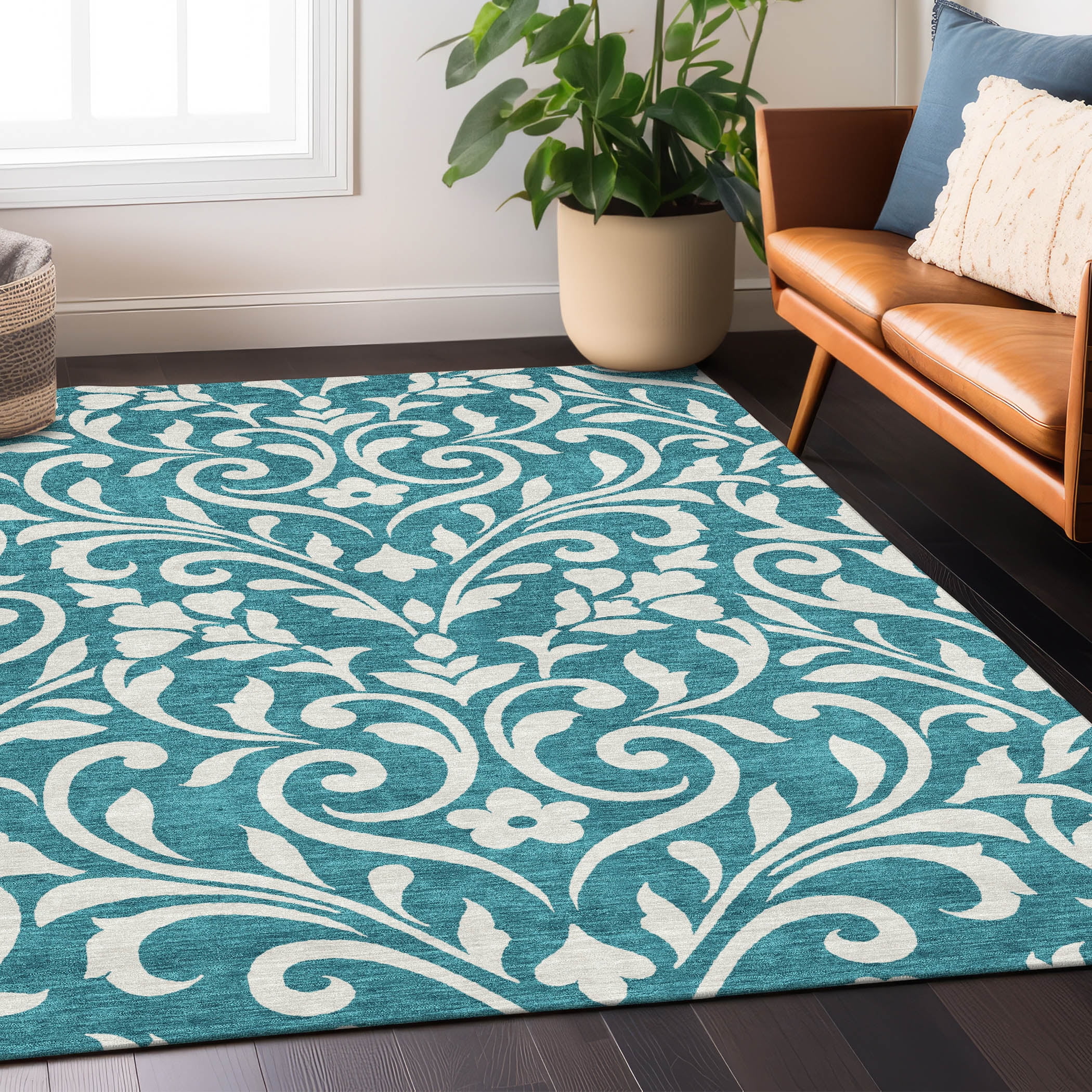 Teal and White Floral Synthetic 8' x 10' Washable Rug