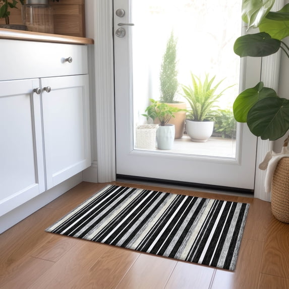 Addison Rugs Chantille Indoor/Outdoor Transitional Stripes Black Washable Rectangle Rug, 1'8" x 2'6"
