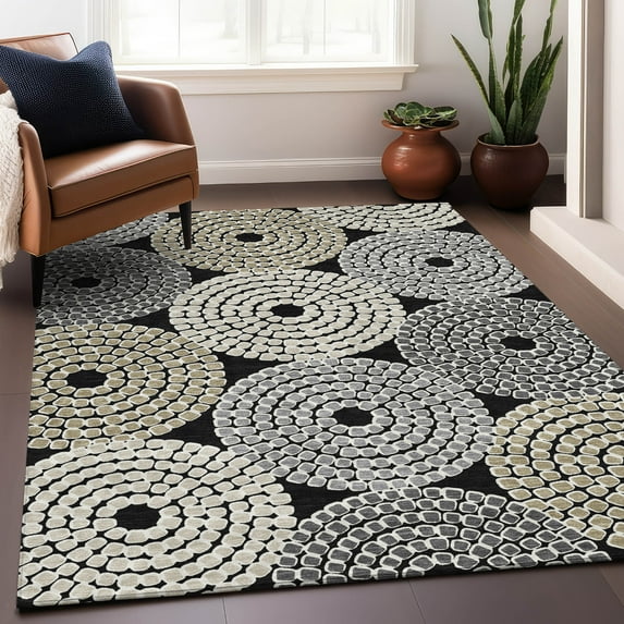 Addison Rugs Chantille Indoor/Outdoor Transitional Circles Black Washable Rectangle Rug, 9' x 12'