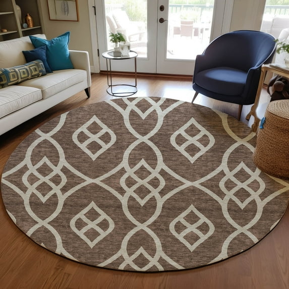 Addison Rugs Chantille Indoor/Outdoor Transitional Scrolls Chocolate Washable Round Rug, 8' x 8'