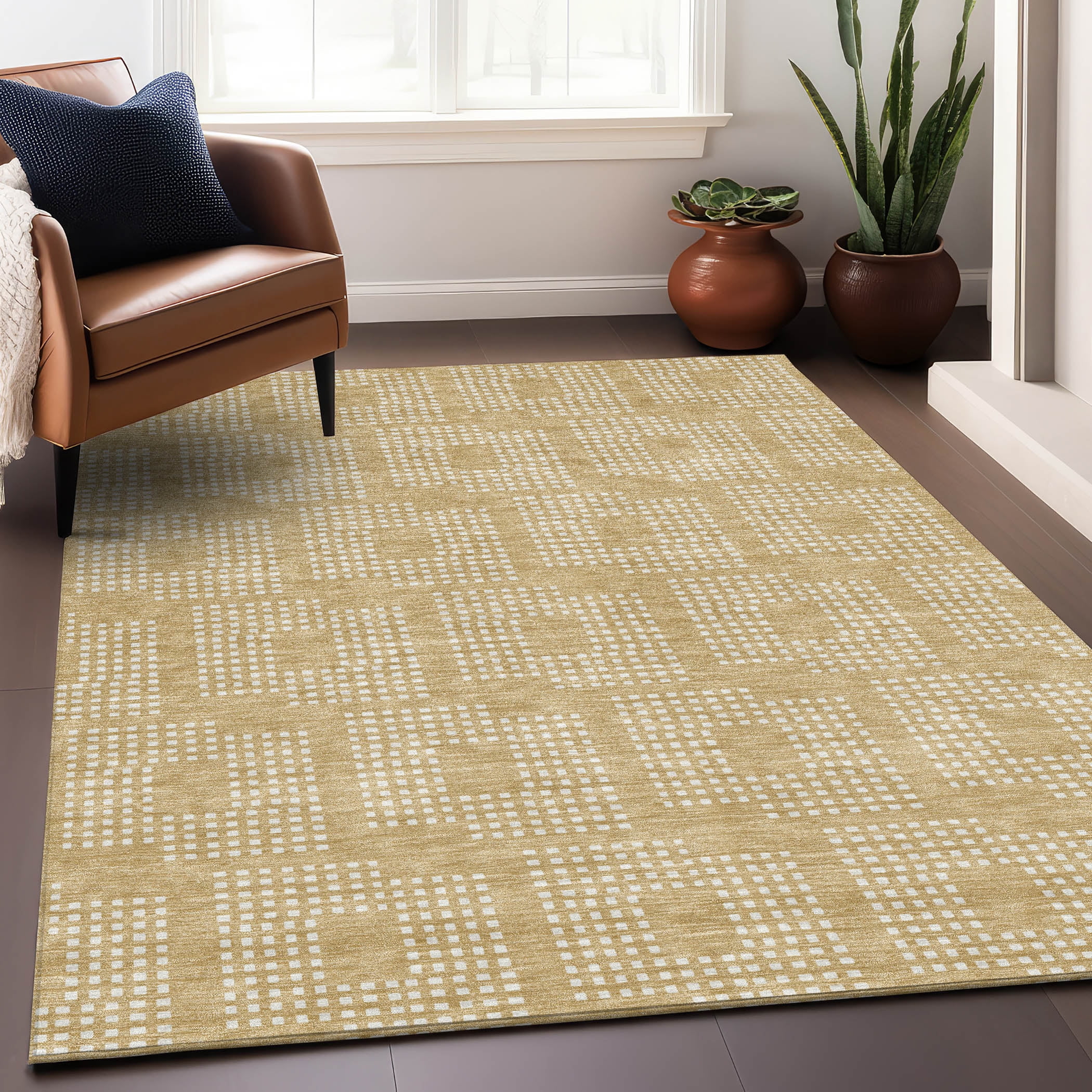 Addison Rugs Chantille Indoor/Outdoor Transitional Squares Gold Washable Rectangle Rug, 10' x 14'