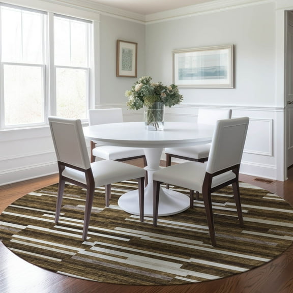 Addison Rugs Chantille Indoor/Outdoor Transitional Stripes Brown Washable Round Rug, 8' x 8'