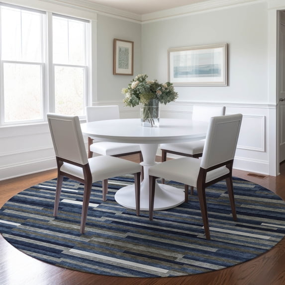 Addison Rugs Chantille Indoor/Outdoor Transitional Stripes Navy Washable Round Rug, 8' x 8'
