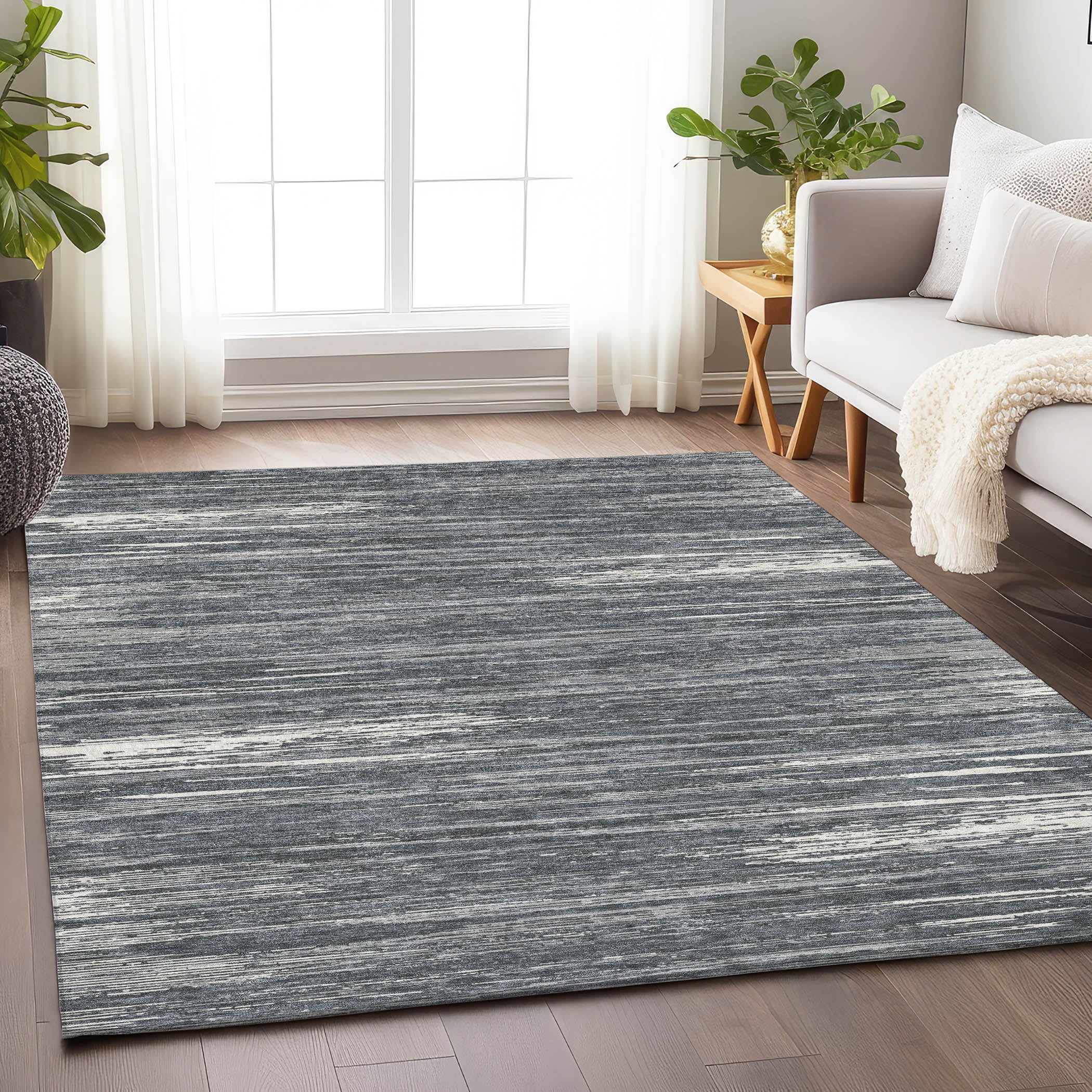 Gray Striped Synthetic Flat Woven Washable Rug 2'6" x 3'10"