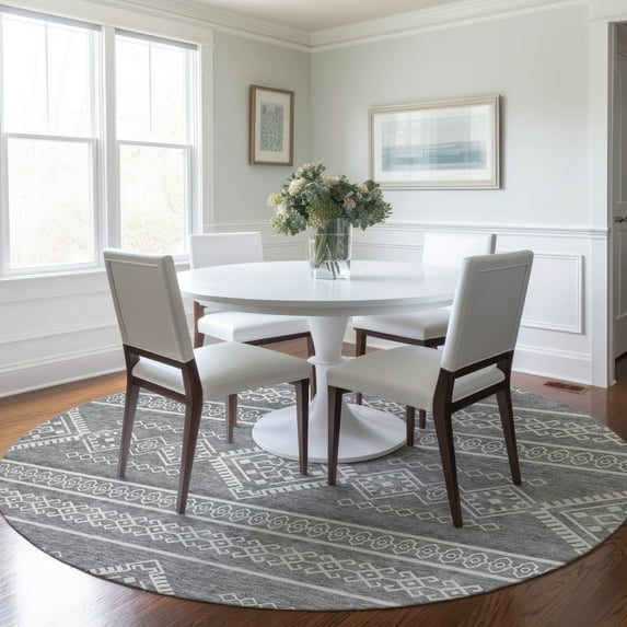 Addison Rugs Chantille Indoor/Outdoor Transitional Southwest Gray Washable Round Rug, 8' x 8'