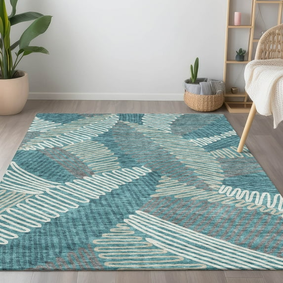 Addison Rugs Chantille Indoor/Outdoor Transitional Floral Teal Washable Rectangle Rug, 10' x 14'