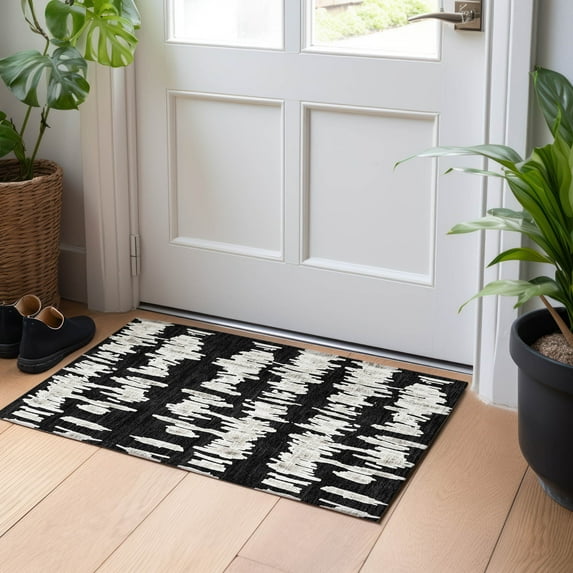 Addison Rugs Chantille Indoor/Outdoor Transitional Stripes Black Washable Rectangle Rug, 1'8" x 2'6"