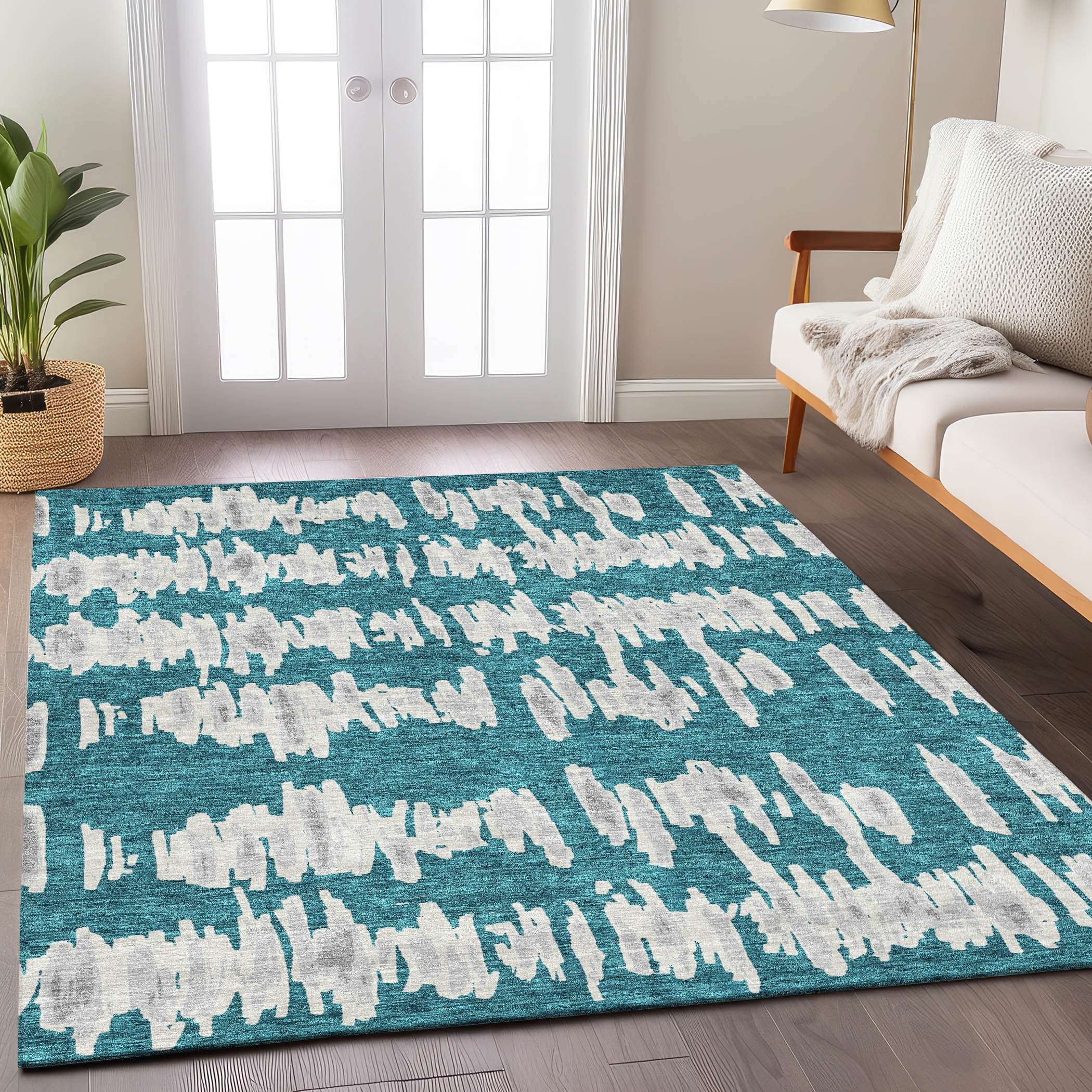 Teal and White Flat Woven Rectangular Indoor Outdoor Rug