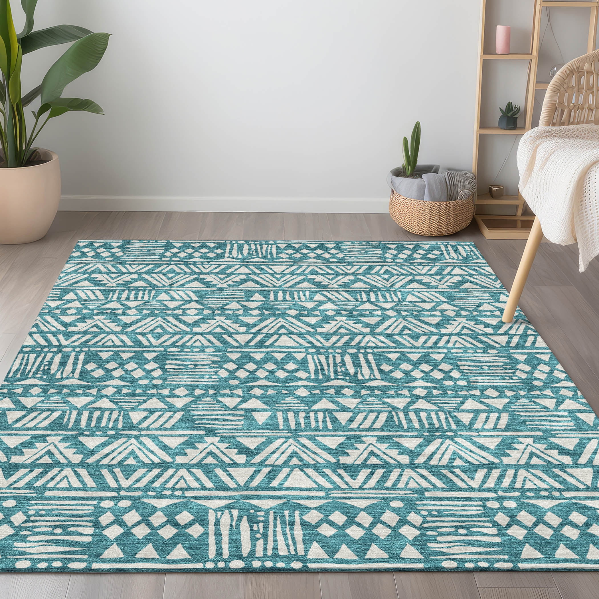Teal and White Synthetic Flat Woven Indoor Outdoor Rug