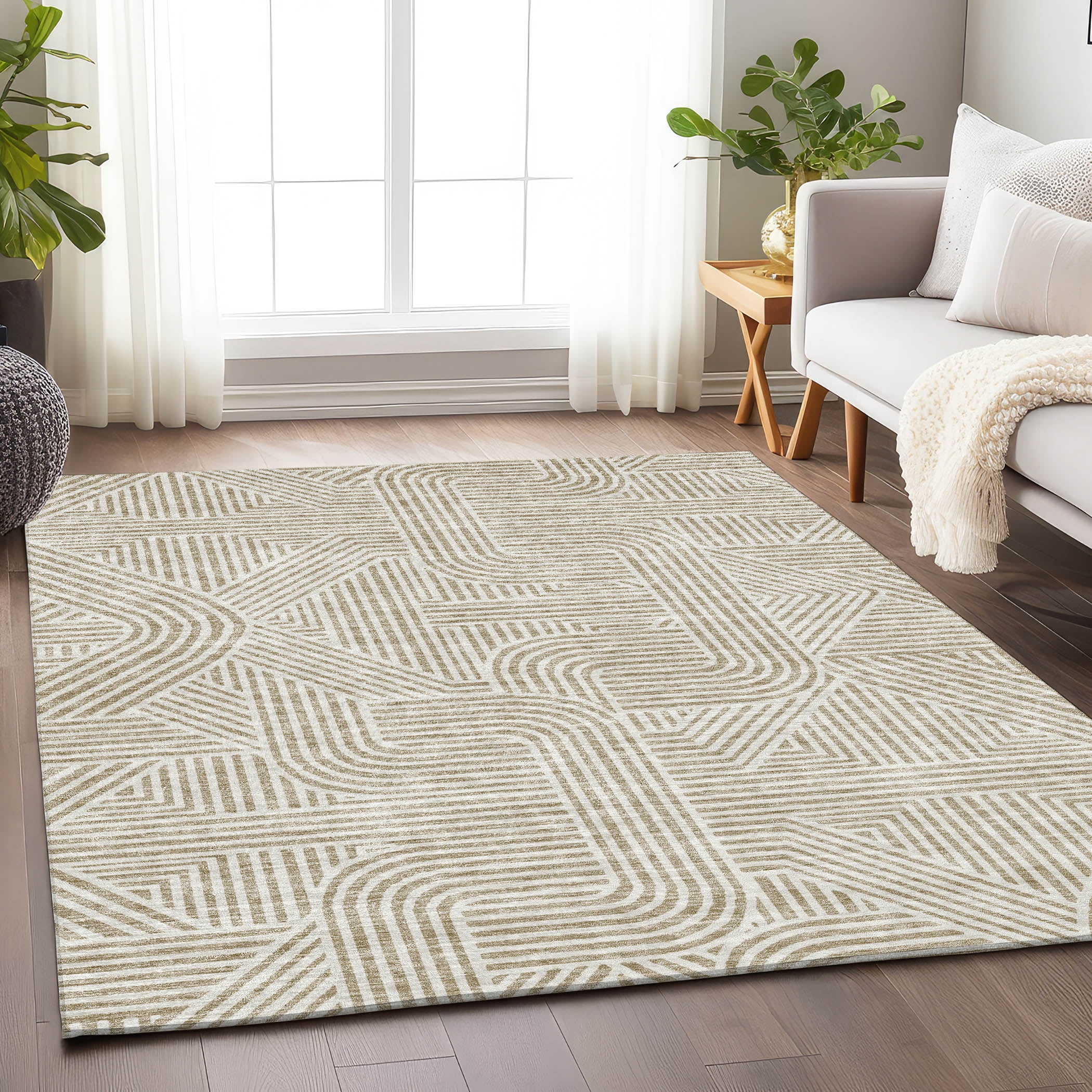 Beige and White Rectangular Synthetic Indoor Outdoor Rug