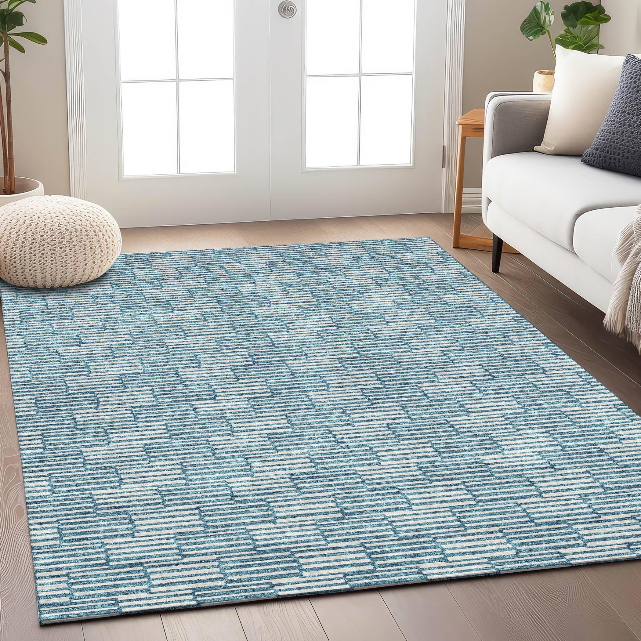Teal and White Synthetic Rectangular Indoor/Outdoor Area Rug