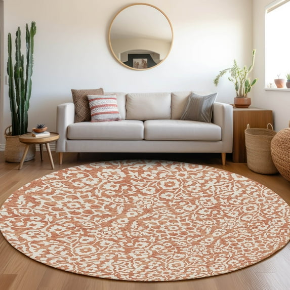 Addison Rugs Chantille Indoor/Outdoor Traditional Damask Coral Washable Round Rug, 8' x 8'