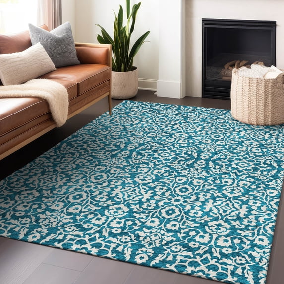 Addison Rugs Chantille Indoor/Outdoor Traditional Damask Teal Washable Rectangle Rug, 10' x 14'