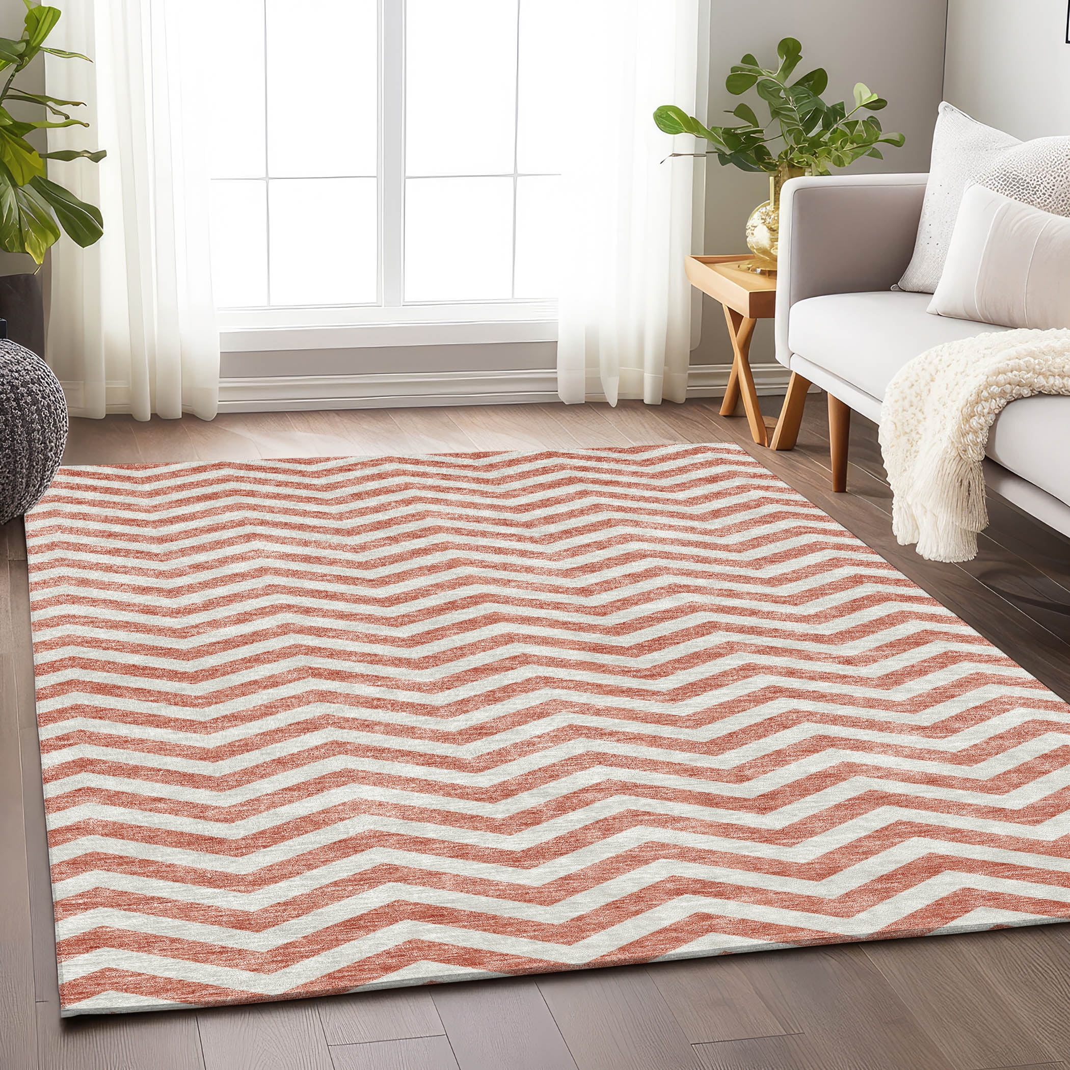 Salmon and White Chevron Indoor Outdoor Synthetic Rug