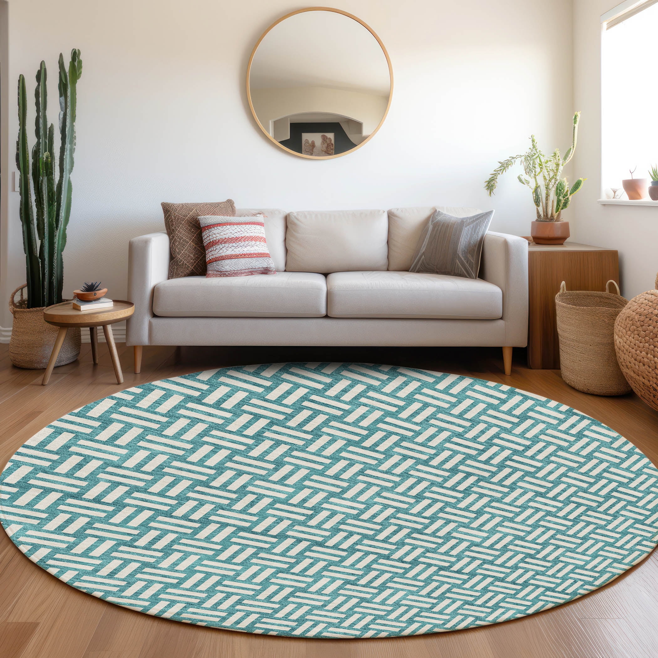 Teal and White Round Synthetic 8' x 8' Washable Rug