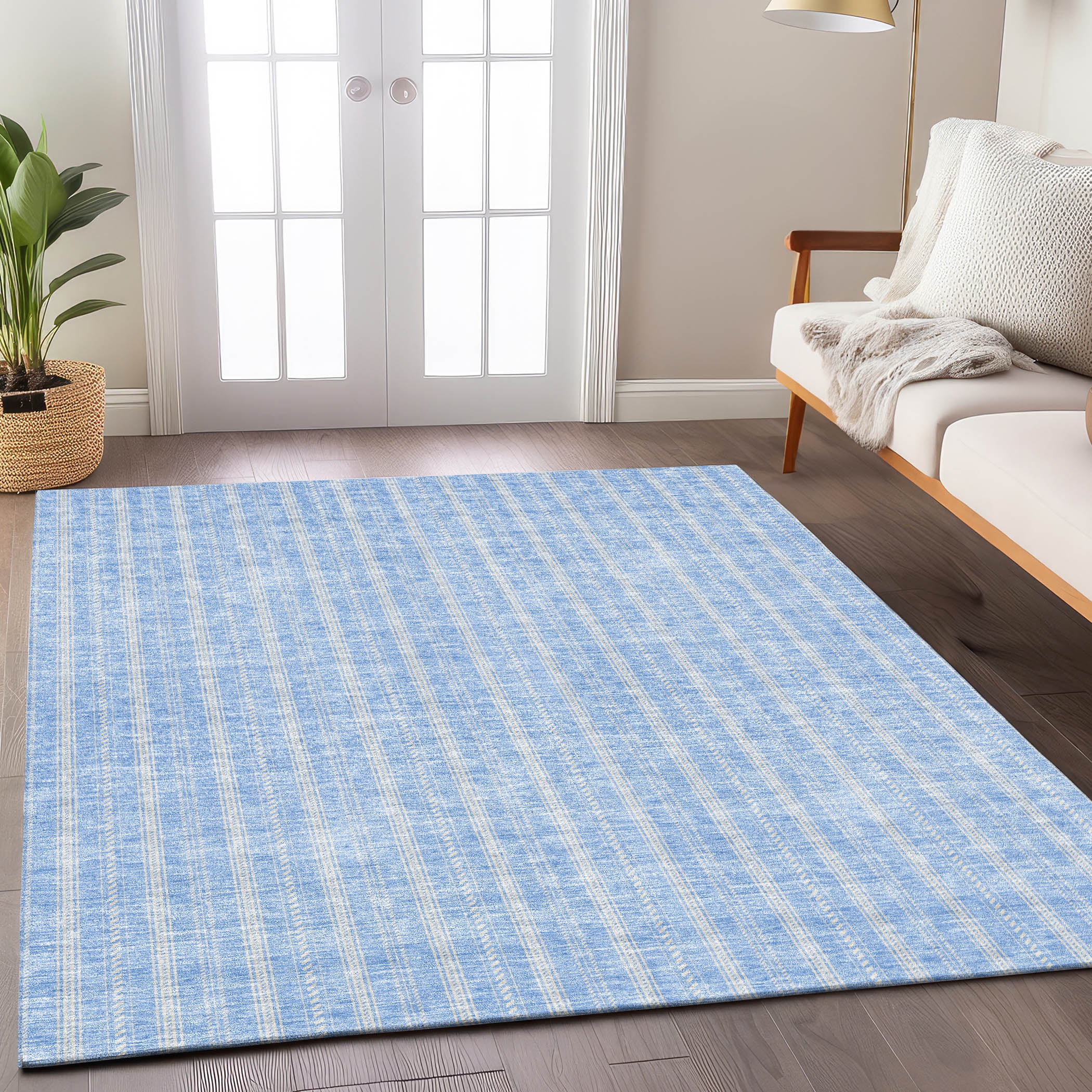 Sky Blue Striped Synthetic Indoor/Outdoor Rug 3' x 5'