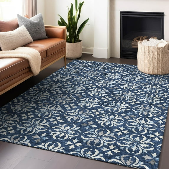 Addison Rugs Chantille Indoor/Outdoor Transitional Floral Navy Washable Rectangle Rug, 8' x 10'