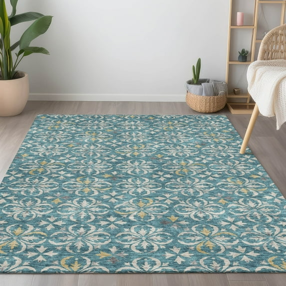 Addison Rugs Chantille Indoor/Outdoor Transitional Floral Teal Washable Rectangle Rug, 5' x 7'6"